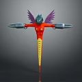 Humanoid Creature Character with Purple Wings Red Body Yellow Striped Abdomen and Silver Arm Devices